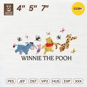 May include: Embroidered design featuring Winnie the Pooh characters: Eeyore, Piglet, Winnie the Pooh, and Tigger, with butterflies and bees. The design is available in 10 cm, 13 cm, and 18 cm sizes. The text "WINNIE THE POOH" is below the characters.