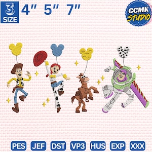 Peut inclure: Broderies de personnages de dessins animés, dont un cow-boy, une cow-girl, un cheval et un ranger de l'espace, chacun avec un ballon. Les motifs sont disponibles en tailles de 10 cm, 13 cm et 18 cm. Le texte "CCMK STUDIO" est également inclus.
