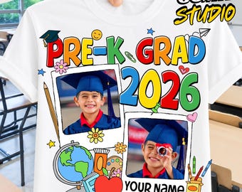 Plantilla PNG para camisetas de graduación de preescolar y jardín de infantes 2026, diseños editables de Canva para graduación de jardín de infantes, camisetas PNG para fiestas de graduación de niños de la clase de 2026