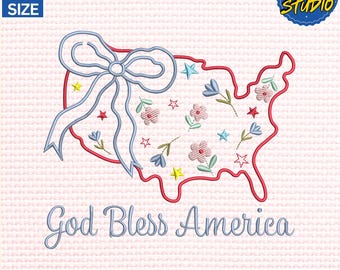 God Bless America Embroidery Design, American Flag Embroidery Design, 4th Of July Patriotic Line Embroidery Design, Instant Download