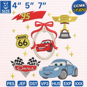 May include: A collection of embroidered designs featuring characters and elements from the movie "Cars." Includes Lightning McQueen, a Route 66 sign, a trophy, and checkered flags. Sizes are 3, 4, 5, and 7 inches. The image also includes the text "Cars" and "CCMK STUDIO."