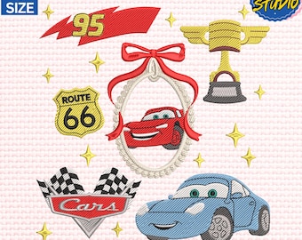 Diseño de bordado de coche de carreras de dibujos animados, diseño de bordado de lazo de espejo de dibujos animados florales, diseño de bordado de cumpleaños para niño y niña, descarga instantánea