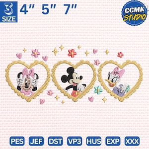 May include: Embroidered design with Minnie Mouse, Mickey Mouse, and Daisy Duck in gold heart frames. The design includes flowers and stars on a pink background. The size is 7.6 cm, 10.2 cm, 12.7 cm, and 17.8 cm. The image also includes the text "CCMK STUDIO".