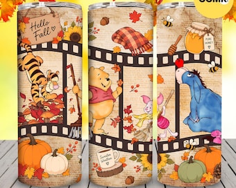 Bear And Friends Fall 20oz Skinny Tumbler PNG, Cartoon Animal Tumbler Wrap PNG, Cute Fall Pumpkin Png, Family Trip Fall Vibes Design