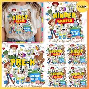May include: A beige t-shirt featuring a colorful graphic print of various animated characters, including a cowboy, space ranger, and dinosaur. The text reads First Grade and To Infinity and Beyond, with a green frog holding a sign saying You Can Do It.