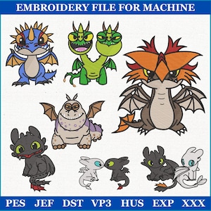 May include: Embroidery file featuring various cartoon dragon designs in blue, green, orange, brown, black, and white. The image includes the text "EMBROIDERY FILE FOR MACHINE" at the top and file type abbreviations at the bottom.