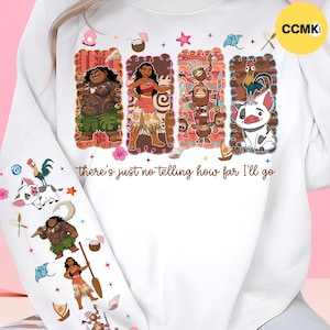 May include: A white long-sleeve sweatshirt featuring a graphic print of characters from the movie Moana, including Maui, Moana, Kakamora, Pua, and Heihei. The text there's just no telling how far I'll go is printed in brown script on the front.