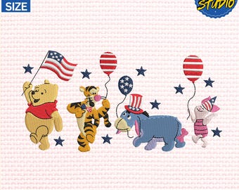 Diseño de bordado del 4 de julio, diseño de bordado de oso patriótico y sus amigos, diseño de bordado de película de dibujos animados, descarga instantánea.
