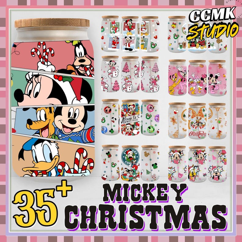 May include: A collection of glass tumblers with wooden lids, featuring various Mickey Mouse and friends Christmas-themed designs. The tumblers showcase colorful illustrations of Mickey, Minnie, Donald, and Goofy, along with holiday elements. The text "Mickey Christmas" is also visible.