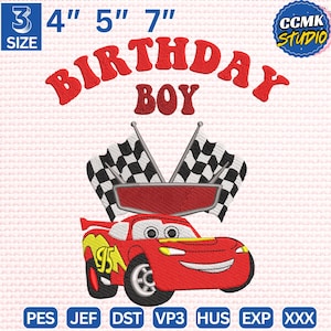 May include: Red embroidered design featuring a race car with the number 95, checkered flags, and the words "BIRTHDAY BOY." Sizes are 3, 4, 5, and 7 inches. The design includes the text "CCMK STUDIO."
