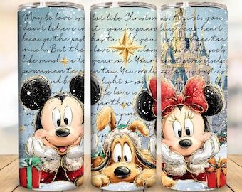 May include: Three stainless steel tumblers featuring Disney characters Mickey Mouse, Pluto, and Minnie Mouse. Each tumbler has a light blue background with a winter theme and text. Mickey and Minnie are wearing holiday attire.
