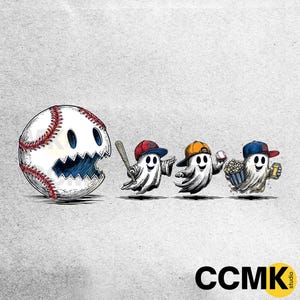 May include: A whimsical illustration features a baseball with a face and three cartoon ghosts in baseball caps. One ghost holds a bat, another a baseball, and the last, popcorn and a drink. The image has a playful, cartoon style.