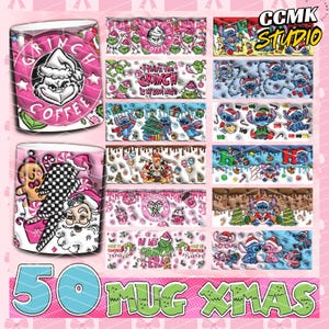 Op de afbeelding: Een verzameling van 50 kerstthema mokken met diverse ontwerpen. De mokken tonen personages als de Grinch en Stitch, samen met feestelijke elementen zoals zuurstokken en kerstbomen. Het kleurenpalet omvat roze, groen en blauw.