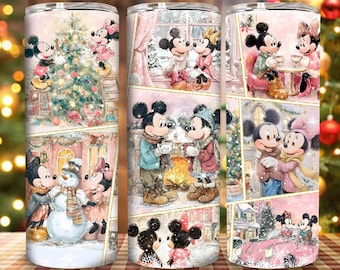 May include: Three stainless steel tumblers with a pink background and a collage of Mickey and Minnie Mouse in winter scenes. The scenes include decorating a Christmas tree, drinking hot beverages, and building a snowman.