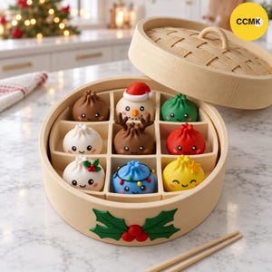 May include: A round bamboo steamer basket containing nine small, colorful, character-themed dumplings. The steamer features a holly leaf and berry decoration on the side. The dumplings include designs like a snowman, reindeer, and holiday lights.