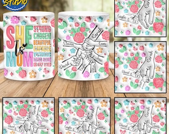 She Is Mom Custom Up to 6 Kids Holding Mom‘s Hand 3D Inflated Mug Wrap, Mama 11oz Mug Template, Mom Floral 11oz Mug Png, Coffee Mugs Png