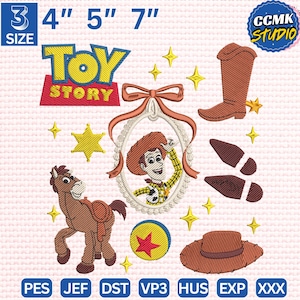 May include: An embroidery design set featuring elements from the film "Toy Story." Includes the "Toy Story" logo, Woody, a cowboy boot, a hat, a horse, a ball, and footprints. The design sizes are 3, 4, 5, and 7 inches.