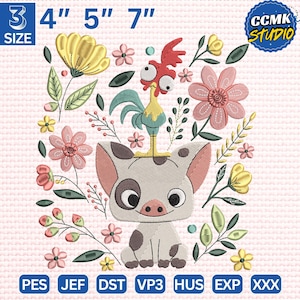Op de afbeelding: Een borduurontwerp met een cartoonvarken met een haan op zijn hoofd, omringd door bloemen en bladeren. Het ontwerp is verkrijgbaar in 3 maten: 10 cm, 13 cm en 18 cm. De afbeelding bevat ook de tekst "CCMK STUDIO" en bestandstype-afkortingen.