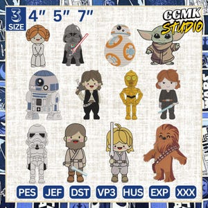 Könnte beinhalten: Eine Sammlung von Star Wars-Charakterdesigns im Cartoon-Stil. Die Charaktere umfassen Prinzessin Leia, Darth Vader, BB-8, Grogu, R2-D2, Han Solo, C-3PO, Anakin Skywalker, einen Sturmtruppler, Obi-Wan Kenobi, Luke Skywalker und Chewbacca. Größen: 7.6, 10.2, 12.7, und 17.8 cm.