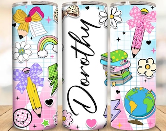 Diseño personalizado de vaso de sublimación de 20 oz para profesor, diseño de sublimación rosa coqueta para profesor, vaso delgado recto PNG de agradecimiento al profesor