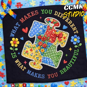 Puede incluir: Camiseta negra con un diseño de pieza de rompecabezas colorido. El diseño incluye el texto "WHAT MAKES YOU DIFFERENT IS WHAT MAKES YOU BEAUTIFUL". La pieza del rompecabezas está rodeada de flores, corazones y estrellas.