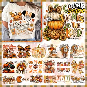 May include: Cream-colored t-shirt with a fall-themed design featuring pumpkins, Mickey Mouse ears, and the phrase "'Tis the Season." Additional fall-themed graphics and text are also present. A stacked pumpkin design with a leopard print bow is also shown.