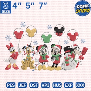 May include: Embroidered design featuring Disney characters, including Donald Duck, Pluto, Minnie Mouse, Mickey Mouse, a snowman, and Goofy. The design includes balloons with Mickey Mouse ears and snowflakes. The size is 4", 5", and 7" inches.