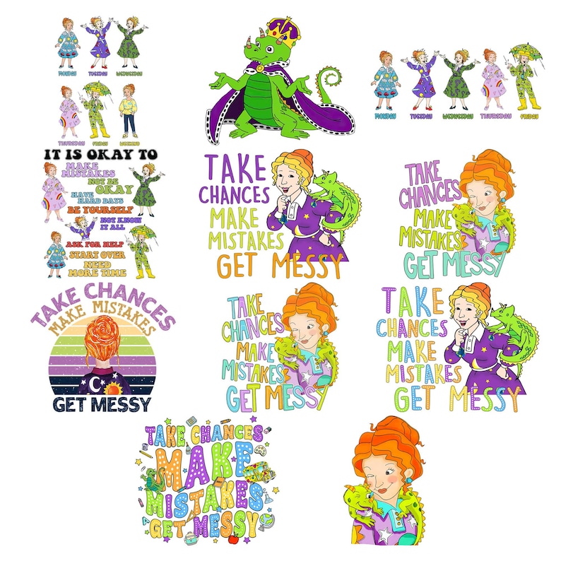May include: A collection of digital illustrations featuring a woman with orange hair, a green lizard, and the text "Take Chances, Make Mistakes, Get Messy." The graphics include various outfits, a lizard wearing a crown, and colorful typography.
