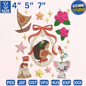 May include: An embroidery design set featuring a Polynesian theme. The design includes a sailboat, hibiscus flowers, a starfish, and a portrait of a woman. The set also includes a pig, a rooster, and the text "CCMK STUDIO". The sizes are 3, 4, 5, and 7 inches.