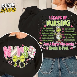 クリスマスナースPNG、看護師へのホリデーギフトデザイン、コケットナースクリスマスPNG、グリーンミーンガイナースアート、面白い医療クリスマスデジタルファイル