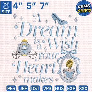 以下が含まれることがあります： 「A Dream is a Wish Your Heart Makes」のテキストが水色の筆記体で描かれた刺繍デザイン。馬車、ハイヒール、額縁に入った肖像画も含まれています。サイズは7.6cm、10.2cm、12.7cm、17.8cmで利用可能です。