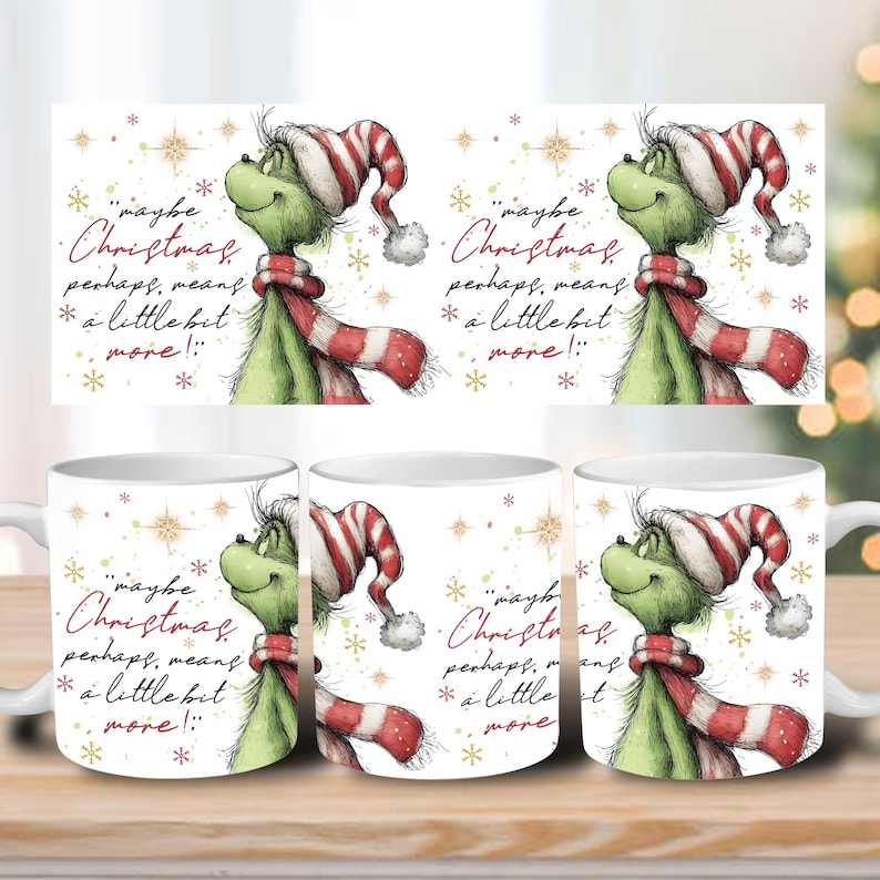 May include: White ceramic mugs featuring a green cartoon character with a red and white striped hat and scarf. The mugs have the text "maybe Christmas perhaps, means a little bit more!" and snowflake accents.