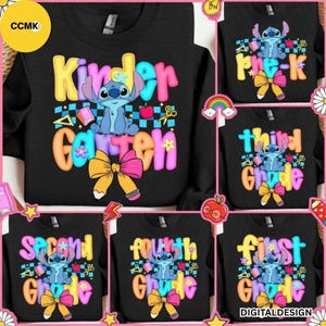 Blue Alien Back To School PNG Bundle, Cartoon First Day Of School Design, Preppy Pre-K To 4th Grade,Cartoon Pastel Bow Png, Cute School PNG