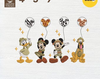 Borduurontwerp retro muis en vrienden, borduurontwerp Magic Kingdom, borduurontwerp vintage Safari-modus, ballonontwerp luipaard