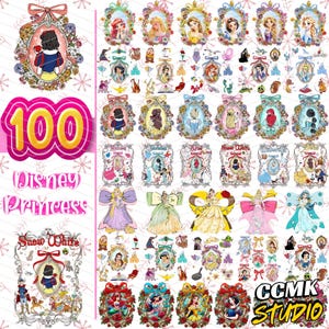 以下が含まれることがあります： 100人のディズニー・プリンセスのデザインコレクション。さまざまなプリンセスが装飾されたフレームや個々のキャラクターイラストで描かれています。画像には「100 Disney Princess」と「白雪姫」の文字が含まれています。デザインはカラフルで詳細です。