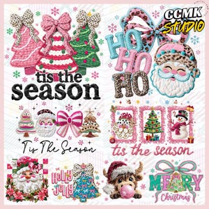 Op de afbeelding: Een collage van kerstthema-ontwerpen, waaronder kerstbomen, de kerstman, strikken en een sneeuwpop. De tekst "tis the season", "HO HO HO", "Holly Jolly" en "Merry Christmas" zijn te zien. De ontwerpen zijn in roze, groen en wit.
