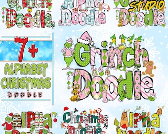 Christmas Alpha Doodle Png Bundle 7 Set, Christmas Character Alphabet Bundle, Christmas Hot Custom Png Bundle