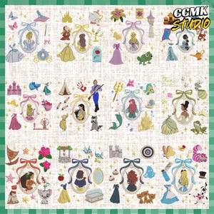 May include: A collection of embroidered patches featuring various Disney princess characters and related icons. The patches include portraits, dresses, and iconic objects like a carriage, a tower, and a magic lamp. The background is a cream-colored fabric with a green checkered border.