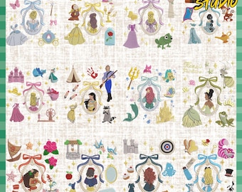 Princess Family Embroidery Bundle, Magic Kingdom Embroidery Design, Vintage Coquette Princess Embroidery Design, Instant Download