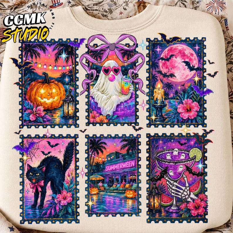 Summerween Vibes PNG, Halloween Summer Ghost Png, Spooky Season, Trendy Haunted House Png, Brushstroke Halloween Png, Floral Fall Png image 1