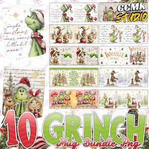 Könnte beinhalten: Ein Bundle mit 10 Grinch-Motiven für Tassen. Die Designs zeigen den Grinch, Cindy Lou Who und Max, mit Weihnachtszitaten und -szenen. Die Farbpalette umfasst Grün, Rot und Weiß, mit einem festlichen Feiertags-Thema.