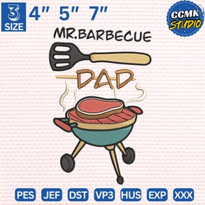 May include: An embroidered design featuring a barbecue grill with a steak, a spatula, and the word "DAD." The text "MR. BARBECUE" is above the spatula. Available sizes are 10 cm, 13 cm, and 18 cm in width.