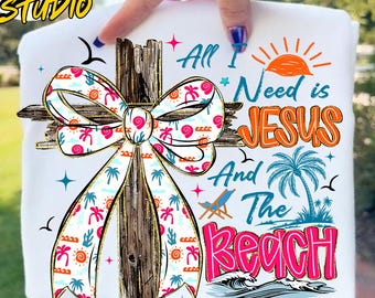 PNG de verano cristiano retro, PNG de "Todo lo que necesito es Jesús y la playa", PNG de atardecer de verano, PNG de fe cristiana, PNG de ambiente veraniego