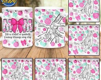 Mom Custom Up to 6 Kids Holding Mom‘s Hand 3D Inflated Mug Wrap, Mama 11oz Mug Template, Mom Floral 11oz Mug Png, Coffee Mugs Png