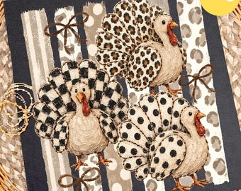 May include: A square print featuring three turkeys with textured, cream-colored bodies and red wattles. One turkey has a black and white checkered tail, one has a leopard print tail, and one has a black polka dot tail. The background has black and beige stripes.