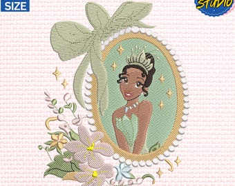 Diseño de bordado Magic Kingdom, bordado de princesa rana, archivo de bordado de dibujos animados de princesas, bordado de princesa mágica vintage