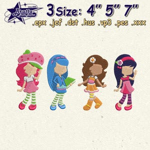 Retro Movie Cartoon Embroidery Design, Strawberry Girld And Friends Embroidery Design, Strawberry Girl Embroidery Design, Instant Download