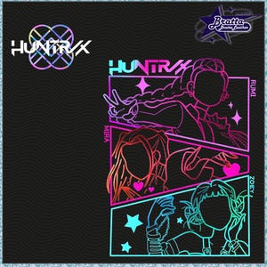 Pode incluir: Fundo preto com a palavra "HUNTRX" em branco e um logótipo colorido. Um design gráfico apresenta três figuras femininas estilizadas rotuladas Mira, Rumi e Zoey, com detalhes em rosa e azul. O logótipo Bratta Leather está no canto superior direito.