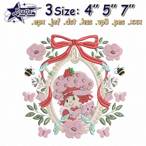 Desenho de bordado de Strawberry Girl, desenho de bordado Magic Kingdom, arquivo de bordado de laço de desenho animado vintage, desenho de bordado Strawberry Fest