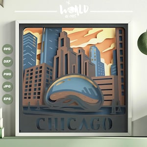 Chicago City 3D Shadow box SVG Layered Cutting Files SVG Lightbox per Cricut, modello SVG per Shadow box in carta tagliata multistrato, regalo da viaggio